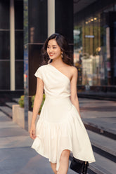 Asymmetric One-Shoulder Silk Dress with Draped Skirt and Fluid Handkerchief Hemline